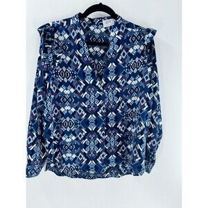 Women's AK Anna Kay Geomatric Print Ruffle Long Sleeve Blouse Top Size L??